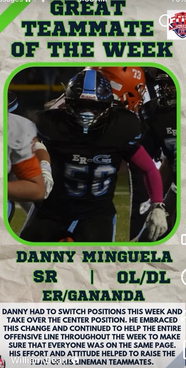 ERGFootball's tweet photo. Congrats to Danny Minguela for being named the Finger Lakes Great Teammate of the Week! @ERBombers @GHSAthletics1 https://t.co/QYSol72dD9
