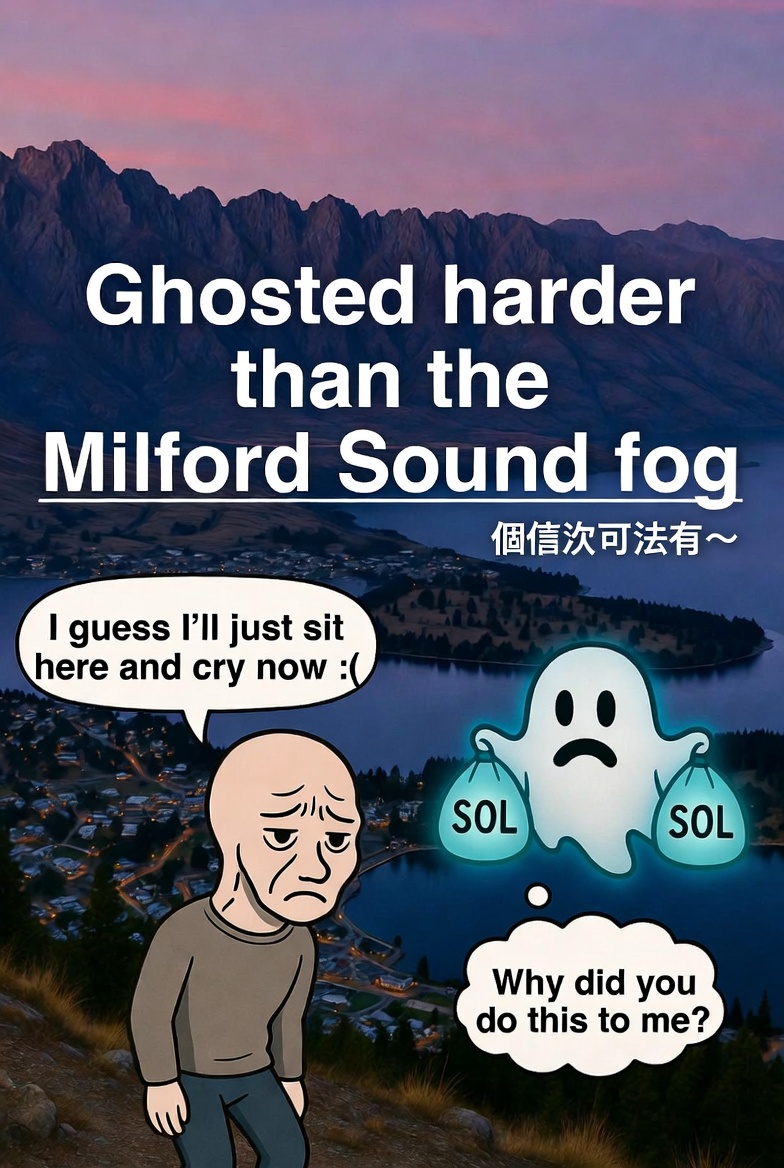 zindersol's tweet photo. CT dating is just a dev cycle in a puffer jacket.

Day 1: "gm, you're early 🫡"
Day 3: "still building, trust"
Day 7: TG deleted

Ghosted harder than Milford Sound fog. At least the fog comes back.

Swipe smarter, ya muppets: https://t.co/aSecfIiBTc https://t.co/tABg4KyDi8