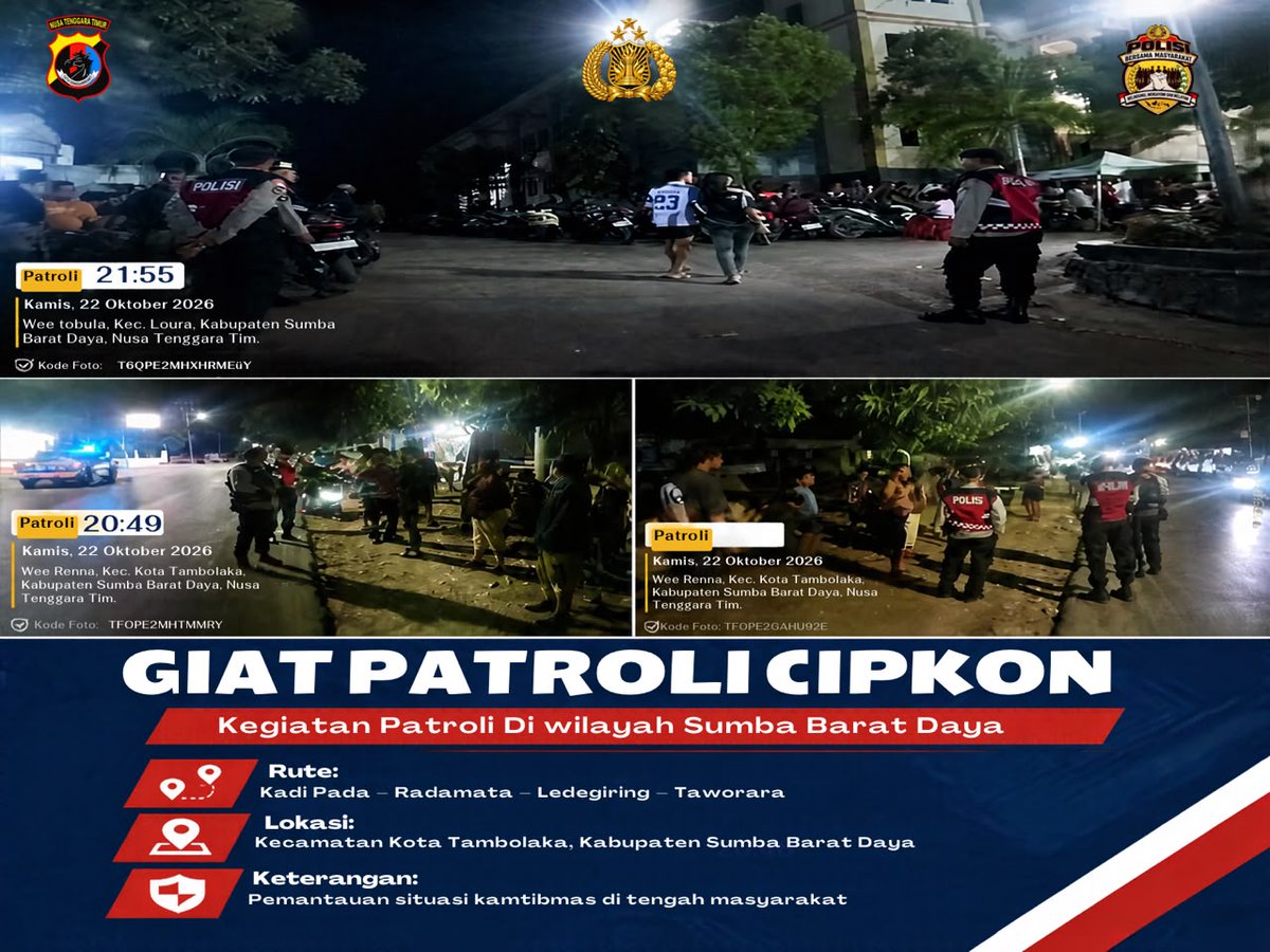 Humassbd_03's tweet photo. Polres Sumba Barat Daya patroli Cipkon di Radamata–Taworara, mencegah kejahatan dan menjaga kamtibmas. Ada gangguan? Hubungi Polri 110.

#PolriPresisi #PoldaNTT #PolresSumbaBaratDaya https://t.co/98aZlmORsT