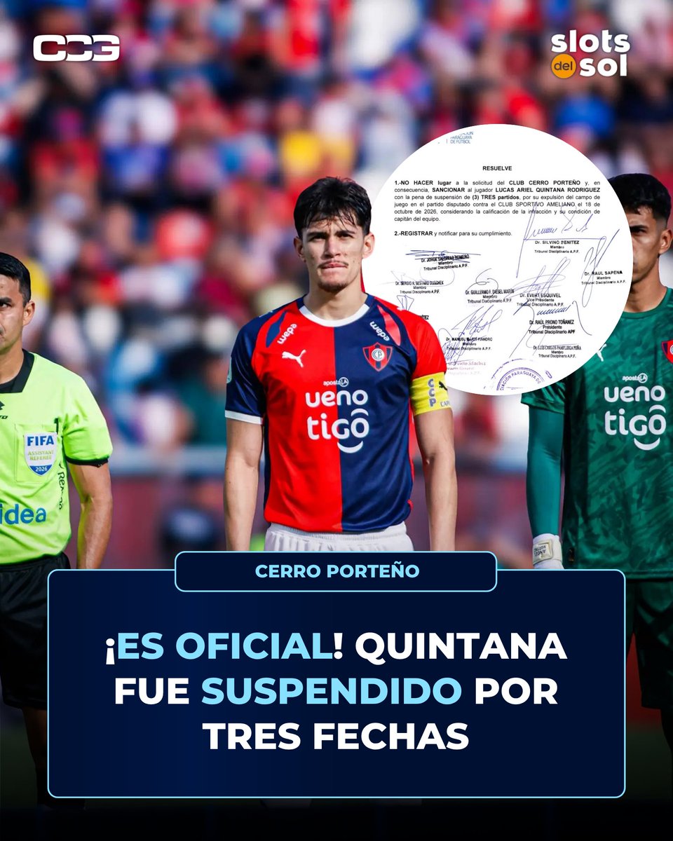 ccg_fut's tweet photo. #CCGLOCAL | LUCAS QUINTANA NO JUEGA EL CLÁSICO 🚨
La APF ratificó la roja y le dio 3 fechas de suspensión al capitán de Cerro Porteño.
El fallo definitivo se impone a pesar de que la propia Comisión de Árbitros admitió formalmente que la expulsión fue un error.
¿Opiniones? https://t.co/EbrVcTBnoc
