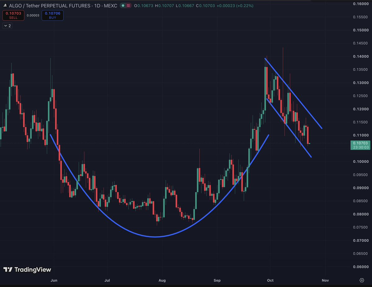 KayBlockchain's tweet photo. 🧩 algorand:native - 1D
The CUP &amp; HANDLE is still valid.
But, it doesn't look great.

algorand:native has to hold that bottom blue line. https://t.co/SU2iyXGz2M
