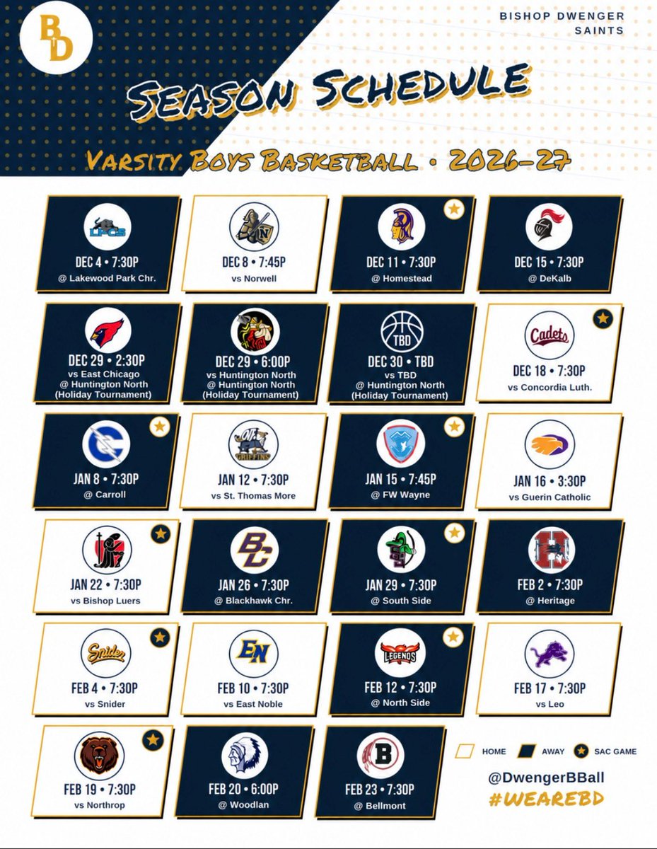 DwengerBBall's tweet photo. 🏀 The 2026–27 Bishop Dwenger Boys Basketball schedule is here! 💙💛

Mark your calendars and get ready to support the Saints all season long. Let’s pack the stands and make some noise!

#WeAreBD #DwengerBBall https://t.co/SxXsrodAiU