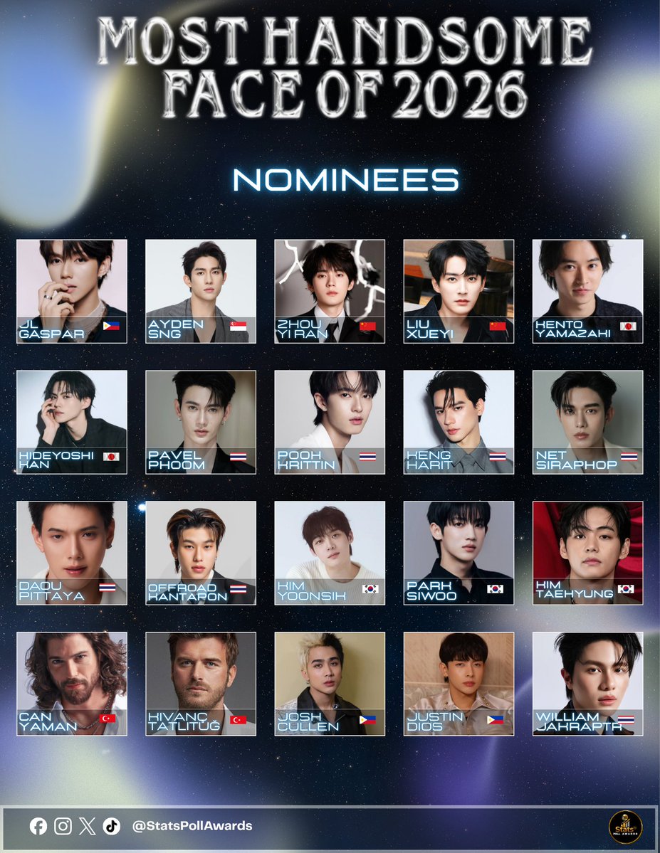 StatsPollAwards's tweet photo. THE WAIT IS OVER — NOMINEES REVEALED! 🥳
 
Here are your Official Nominees for Most Handsome Face 2026
 
Cheer loud for your artist, unite your fandom, and prepare — the race to the crown begins soon! 👑⚔️
 
#StatsPollAwards
#MostHandsomeFace2026 https://t.co/NvRMTLWB8l
