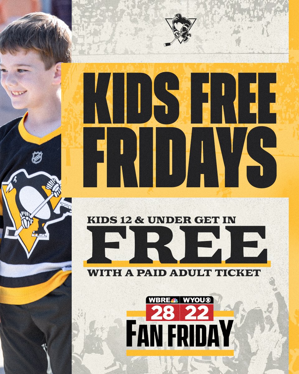 WBSPenguins's tweet photo. It's our first Kids Free Friday for kids 12 and under with the purchase of an adult ticket, courtesy of Geisinger!

Take advantage of this deal by stopping by our office at 40 Coal Street, calling us at 570-208-PENS or at the Mohegan Arena box office! https://t.co/RWCv1TU5wX