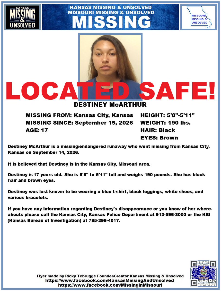 KansasMissing's tweet photo. DESTINEY HAS BEEN #LOCATED SAFE!!! THANK YOU TO ALL WHO SHARED HER FLYER!!!

#KansasMissing
#KansasMissingPerson
#MissingInKS
#MissingInKansas
#MissingKansan
#KansasCity
#Kansas 
@AnnetteLawless https://t.co/eDIrQgBayU