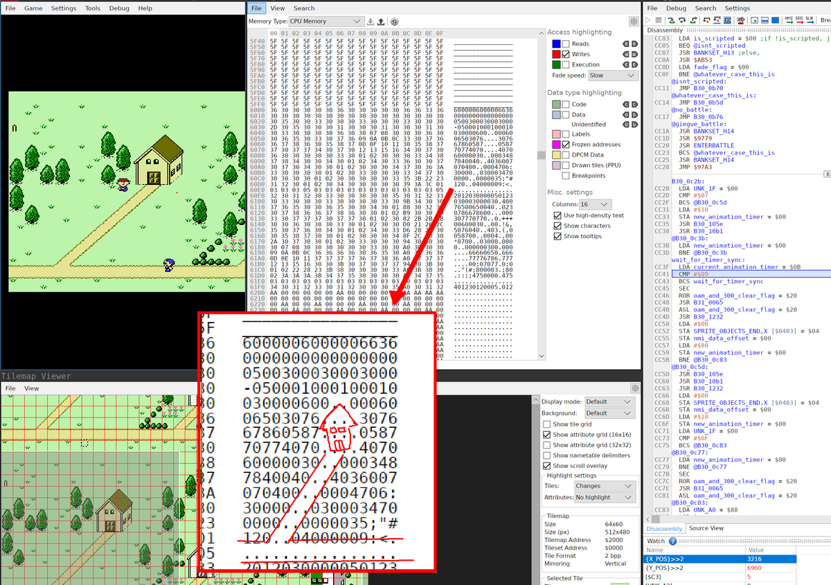 EliasDaler's tweet photo. I was reverse engineering Mother 1 more, and saw the road and the house in the RAM... isn't it cool? 😹 https://t.co/6Z8BnD1fuG