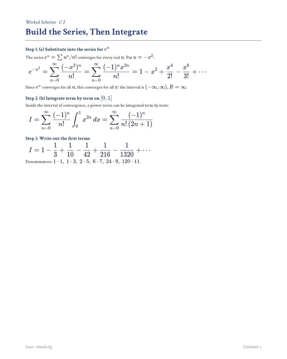 tutorhublucas's tweet photo. Calc II · Taylor Series

No antiderivative for e^(-x²)? Use its Maclaurin series: ∫₀¹ e^(-x²) dx ≈ 0.7475, error < 0.001
Swipe for steps

Stuck? Ask a free human tutor &amp; study together on Discord:
https://t.co/DRMxsV1OQM
Lucas: https://t.co/qjYLJ04nk9
#Calculus #CollegeMath https://t.co/6wC3yhNynf