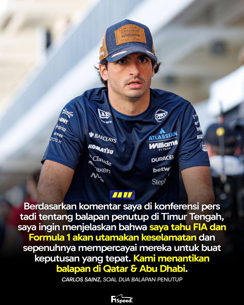 f1speed_indo's tweet photo. 🚨Carlos Sainz ungkapkan kalau dia tidak begitu yakin bahwa GP Qatar dan GP Abu Dhabi bisa tetap diadakan dengan situasi Timur Tengah yang masih tidak stabil.

Sainz juga mengatakan kalau pembalap tidak punya kuasa terhadap kondisi yang dihadapi dan harus percaya terhadap F1 serta FIA bahwa mereka akan buat keputusan yang tepat.

🗣️:  "Jika FIA dan F1 memutuskan bahwa kondisi tersebut masih aman & langkah yang tepat, maka sebagai pembalap kita harus ikut apa pun keputusannya. Kita tidak memiliki akses informasi sebanyak yang mereka miliki. Jadi kita perlu ikut arahan mereka dan percaya keputusan yang mereka ambil."

Terkait ucapannya yang "tidak yakin" GP Qatar & Abu Dhabi tetap diadakan, setelah sesi konferensi pers dilaporkan terdapat staf dari Formula 1 yang berbicara kepada Sainz dan memintanya klarifikasi pernyataan tersebut.

F1 sendiri sangat yakin & tetap ingin kalau dua balapan penutup bisa tetap diadakan sesuai lokasi & jadwalnya meski situasi di Timur Tengah yang masih menunjukan eskalasi yang tidak stabil.

Sama halnya dengan pihak Qatar serta Abu Dhabi yang ngotot kalau negaranya baik-baik saja & bisa menjamin keamanan semua pihak agar balapan F1 tetap bisa diadakan di sana.