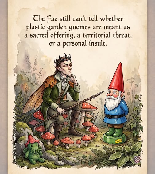 fitobj's tweet photo. The Fae still can't tell whether plastic garden gnomes are meant as a sacred offering, a territorial threat, or a personal insult.
https://t.co/DoHi8bQpVC https://t.co/LiAaDuaG5J