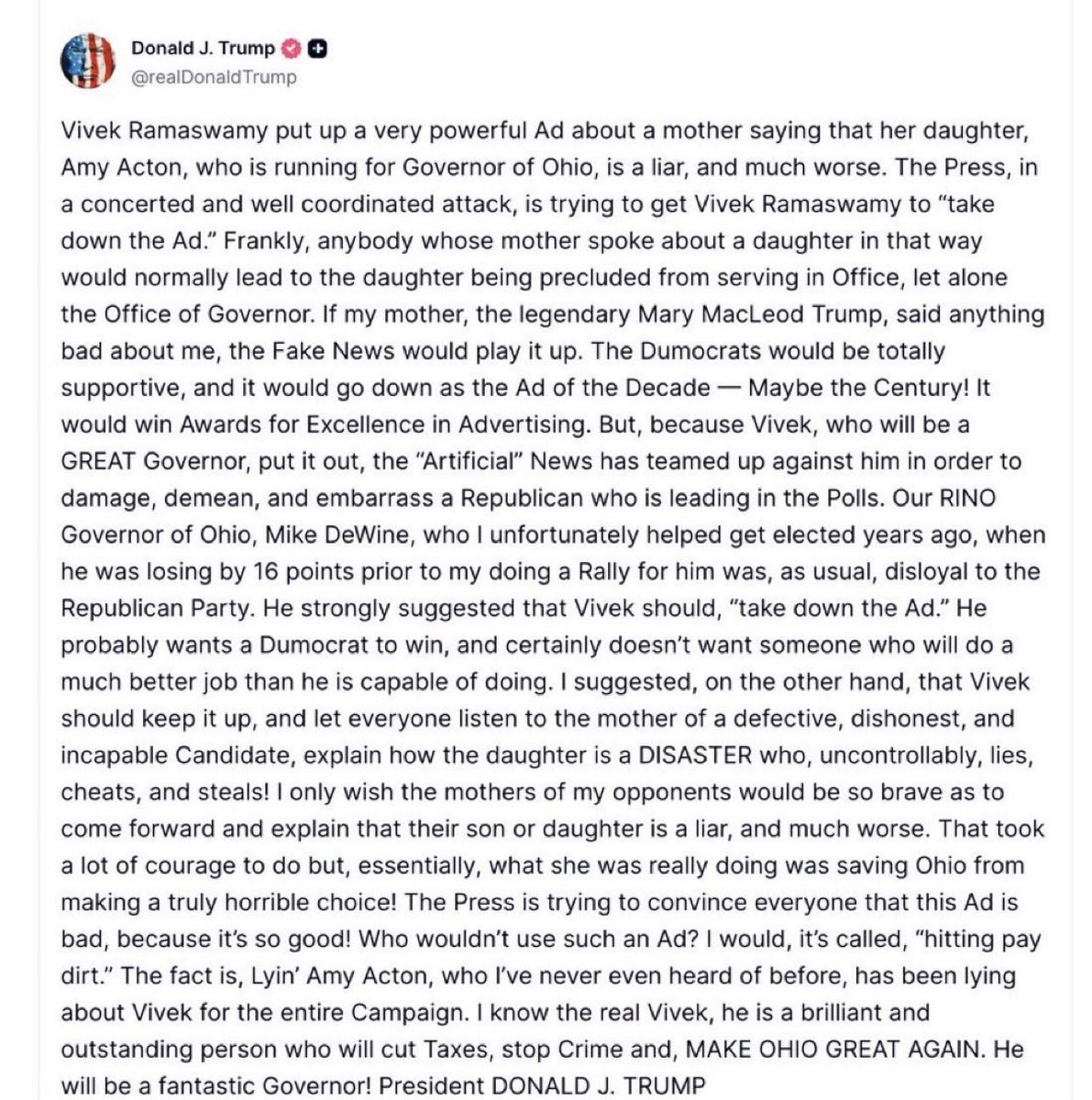FeistyLibLady's tweet photo. America's biggest disaster of a president calls a strong woman who was raped by her stepfather at 12 years old a disaster.

The disaster here is not Amy Acton, it the majority of the MAGA GOP who think it is not a crime to rape a young girl over and over again.

Their treatment of the Epstein survivors showed us all they don't care who or how many times very young girls were raped by Jeffrey Epstein and his rich and powerful friends including the current pedo-in-chief.

Now Trump, Vance and the Ramaswamy and others in their party are fine with putting a woman through the pain of rape and being abandoned by her own mother for the last 50 years once again.

Damn them for their lack of empathy, damn them for their support of a lousy mother who let her husband rape and brutalize her children.

This isn't just "politics."  This is fucking despicable and heartless.

Once again the MAGA GOP Trump supporters are on the wrong side of humanity, morality and the Christianity they keep spouting about.

Vote these fuckers out of office once and for all.

And do NOT vote for the weak small man, Vivek Ramaswamy.

Vote for the strong woman @amyactonoh 
#DemsUnited