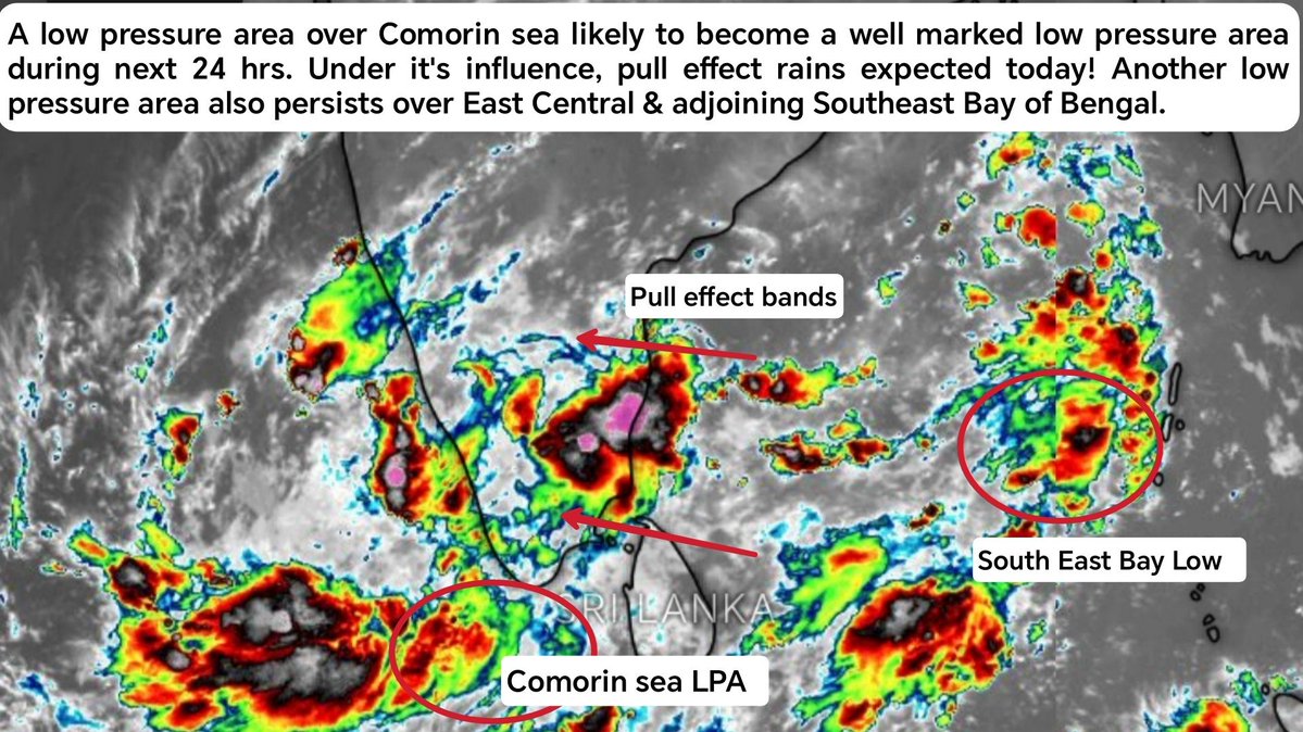 Deltarains's tweet photo. DWM DAILY WEATHER UPDATE | 23 OCT 2026 | 6:00 AM IST
#Topic: Comorin Sea Low consolidating into a Well Marked Low, another Low emerging over East Central & adjoining Southeast Bay of Bengal. Northeast Monsoon set to enter vigorous phase.
==> A low pressure area over the Comorin Sea and adjoining coasts is showing solid consolidation. It is likely to become a well marked low pressure area during the next 24 hours.
==> Another low pressure area is emerging over the East Central & adjoining Southeast Bay of Bengal today.
==> Under the influence of the Comorin Sea low, widespread heavy rains were observed over South Tamil Nadu, interiors and Western Ghats yesterday night. Currently, bands are active off North Coastal Tamil Nadu.
==> From today, the next 3 days will be more important as the Northeast Monsoon is likely to get into a vigorous phase. This is expected to lead to pull effect convergence, energy transformation between the two systems, and strong wind convergence.
==> As mentioned in yesterday’s post, planetary wave support is still seen for the Comorin Sea low. Hence, close watching of the system is needed for the next 72 hours.
School kids, it’s raining all over the coastal stretches from Chennai to Cuddalore. Let’s see how many of you get lucky today.
Enjoy the rains and save every drop.
Stay tuned with @Deltarains for further updates.
Thanks & Regards
R. Hemachander https://t.co/jAwt1q9Cyd., M.E
Climate Activist & Independent weather blogger
#TamilNaduRains #ChennaiRains #NortheastMonsoon #NEM2026 #ComorinSea #BayOfBengal #PullEffect