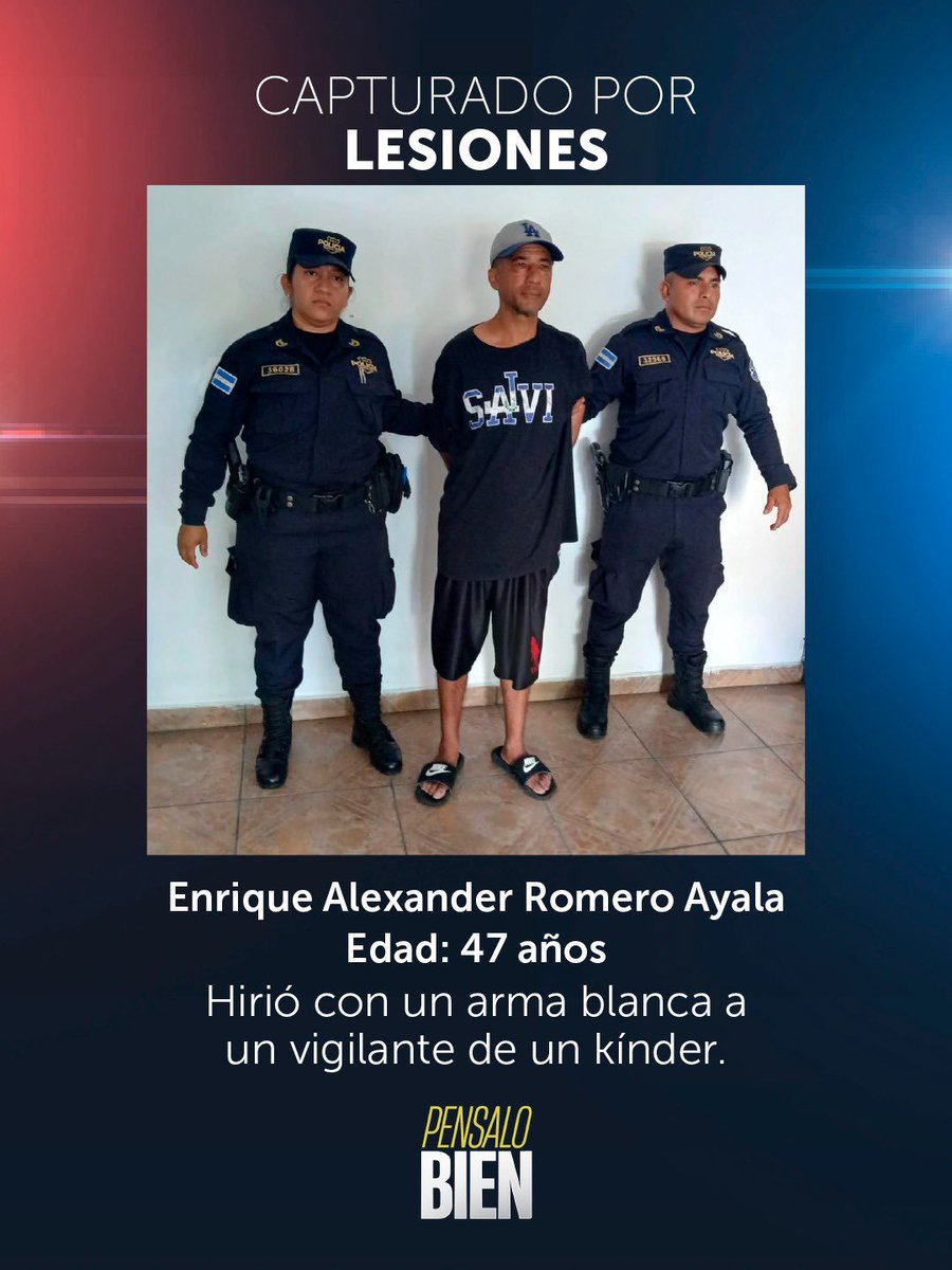 ennews_sv's tweet photo. #ENNews| La @PNCSV arrestó a Enrique Alexander Romero Ayala, de 47 años de edad, quien hirió con un arma blanca a un vigilante de un kínder, ubicado en la calle Ciriaco López, de Santa Tecla, La Libertad Sur, en las inmediaciones del parque San Martín.  #Nacional. https://t.co/pkUgLJCuqt