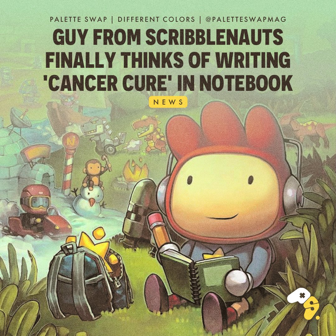 PaletteSwapMag's tweet photo. The protagonist of the Scribblenauts franchise, Maxwell, finally thought of writing down “cancer cure” into his magical notebook that can summon anything. https://t.co/sbHfdUXnpx