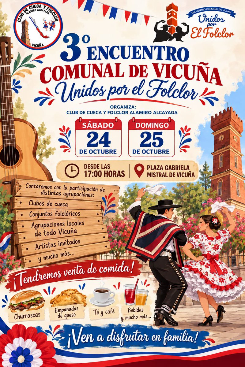 exploraelqui's tweet photo. Este fin de semana viviremos un encuentro con nuestras tradiciones en el Tercer Encuentro Comunal "Unidos por el Folclor".
​Los días sábado y domingo, desde las 17 horas, ven a la Plaza de Armas de #Vicuña, en el Valle del #Elqui, a disfrutar de esta gran #fiesta folclórica. https://t.co/Z4B8nEpBMV