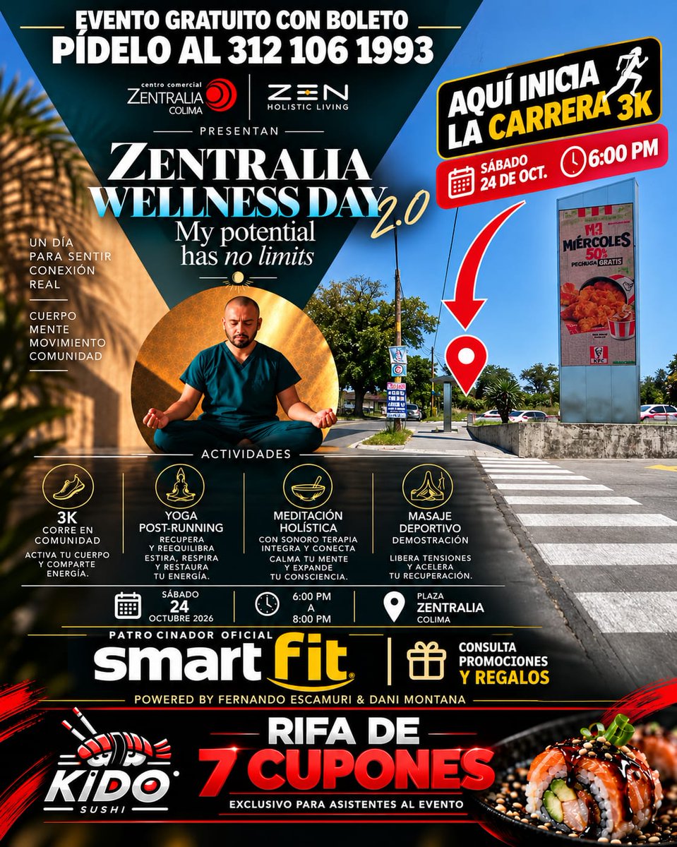 AdColima's tweet photo. #EntérateAD | 🧘‍♀️🏃 ¡Llega Zentralia Wellness Day 2.0!
✨ Disfruta de carrera 3K, yoga, meditación, masajes y regalos.

📅 Sábado 24 de octubre
⏰ 6:00 a 8:00 p.m.
📍 Plaza Zentralia, Colima

🎟️ ¡Gratis con boleto! Solicítalo al 📲 312 106 1993. https://t.co/PV6Tq2yKJq