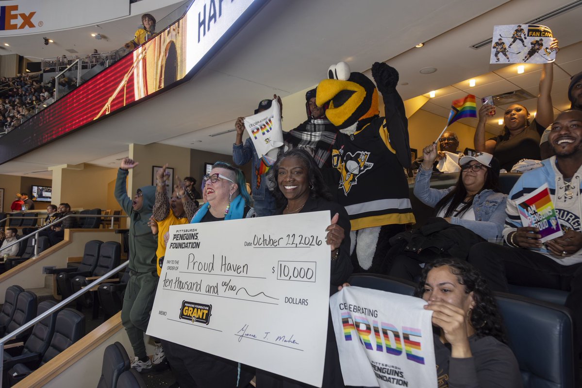 pensfoundation's tweet photo. *Proud* to host Proud Haven in tonight’s Crosby’s Charity Suite! 

As a beneficiary of tonight’s Pride Game fundraising, we’re honored to contribute to Proud Haven’s mission to provide a safe shelter for LGBTQIA+ youth experiencing homelessness in Pittsburgh. 

#PrideGame https://t.co/TnzKUd5tJz