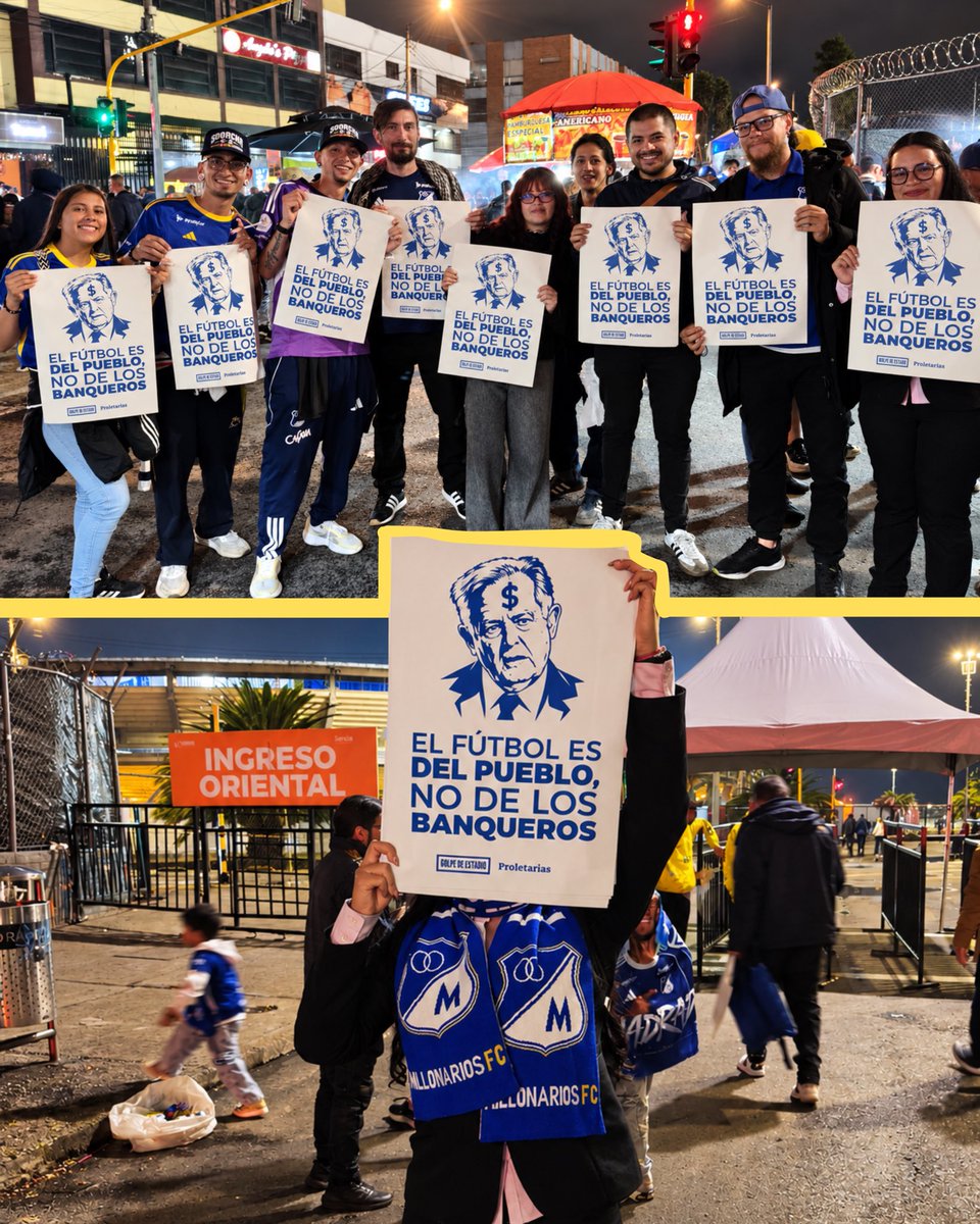 golpede_estadio's tweet photo. El martes, tinta azul. El miércoles, tinta roja. Afuera de El Campín repartimos carteles; adentro, hinchas de Millonarios y de Santa Fe se unieron en la misma consigna: El fútbol es del pueblo, no de los banqueros. https://t.co/KIhzXXhr4i