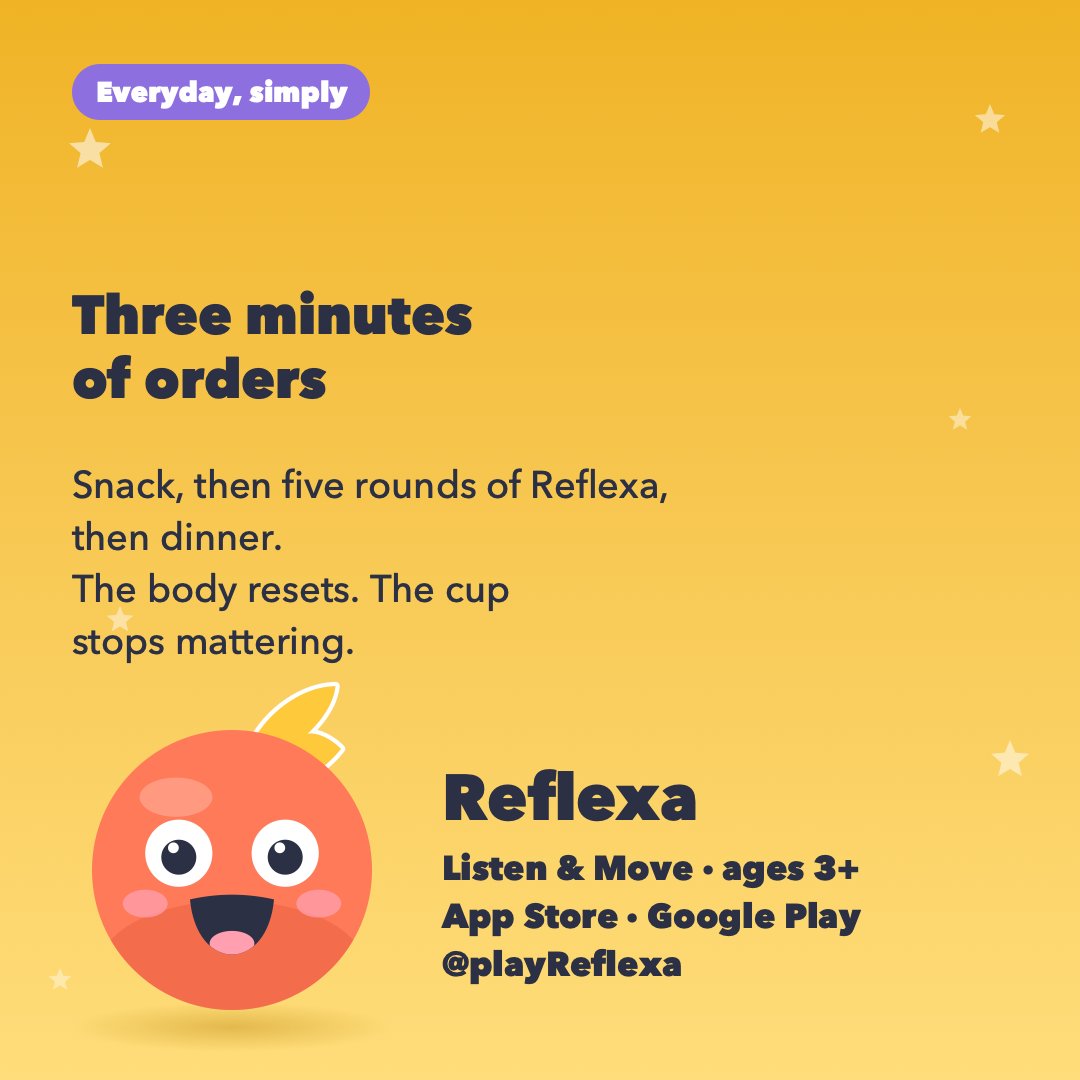 playReflexa's tweet photo. The 5 o’clock meltdown is not about the cup. Feed first, then move, then name it. Snack, five rounds of Reflexa, dinner. #Reflexa #ToddlerLife https://t.co/CRKdG3mzo5