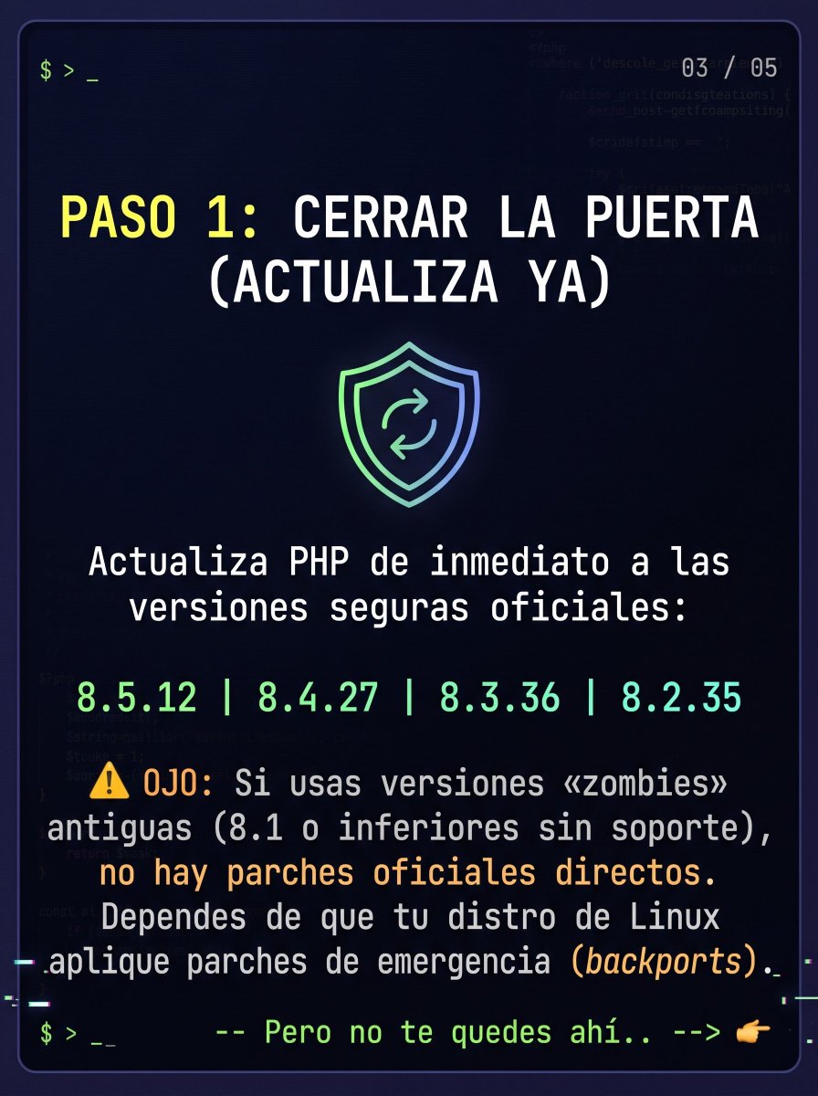 pereidax86's tweet photo. 🚨 ALERTA PHP2Shell 🚨
Un RCE crítico en PHP (CVE-2026-109618/19) anda suelto. Y no, darle "update" al servidor no sirve de nada si el atacante ya entró y te dejó una puerta trasera.
​Les armé esta guía rápida de supervivencia. 👇 https://t.co/tFuhXLT59X