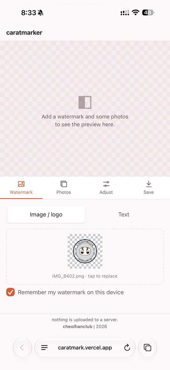cheolhanclub's tweet photo. hi i made a web app where u can easily add watermarks to ur photos !! nothing gets saved on a server, and u can choose between using a photo or text as ur watermark, adjust the opacity, etc. 

thought of voters and streamers since most of them use apps with limited features unless u have premium + some photos w text cannot be added as stickers on ios.

idk, i just hope this can be helpful somehow, but feel free to use it !! 😆

https://t.co/zR7JyPQ3Wi