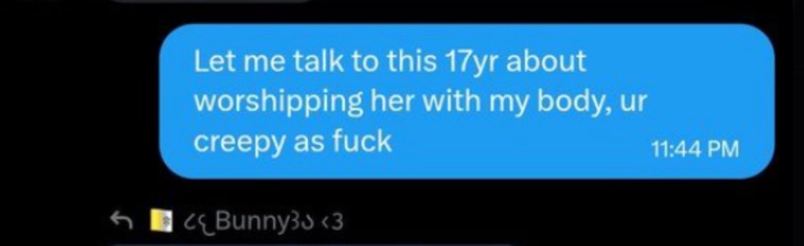 idogafagainig's tweet photo. Yes grownass men saying shit like this to a 17 year old girl is degenerate and creepy as hell; trying to deny it only to finally block me doesn't help your case. https://t.co/cVvkdmqUV0