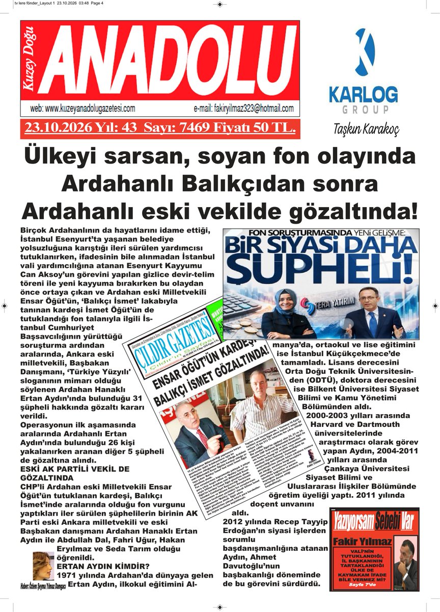 HaberArdahan's tweet photo. REKLAMLARIIZLA YERELDEN ULUSALA ÖZGÜR GAZETECİLİK..  VALİ’NİN TUTUKLANDIĞI, İL BAŞKANININ TARTAKLANDIĞI ÜLKE DE KAYMAKAM İFADE BİLE VERMEZ Mİ? https://t.co/veRga7yDx4 Gazeteci✍️Fakir Yılmaz  GÜNÜN haberi ile birlikte GÜNÜN yorumunu yazdı..✍️ https://t.co/sF0VkadRsf