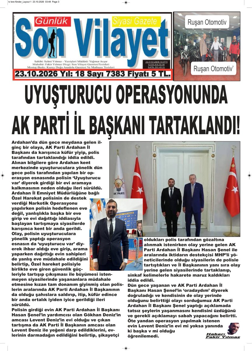 HaberArdahan's tweet photo. REKLAMLARIIZLA YERELDEN ULUSALA ÖZGÜR GAZETECİLİK..  VALİ’NİN TUTUKLANDIĞI, İL BAŞKANININ TARTAKLANDIĞI ÜLKE DE KAYMAKAM İFADE BİLE VERMEZ Mİ? https://t.co/veRga7yDx4 Gazeteci✍️Fakir Yılmaz  GÜNÜN haberi ile birlikte GÜNÜN yorumunu yazdı..✍️ https://t.co/sF0VkadRsf