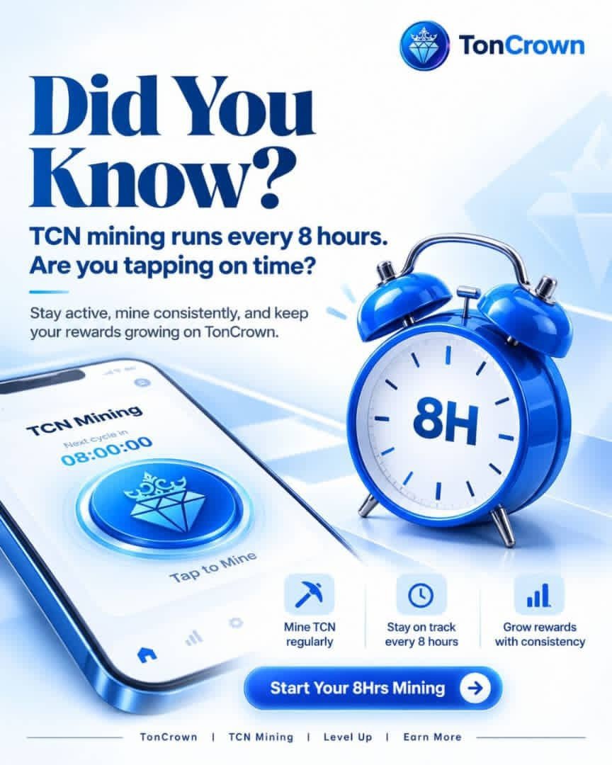 JITIntel's tweet photo. 🚨 DON’T MISS YOUR $TCN MINING CYCLE! ⛏️🔥

My friends and community, if you’ve already registered on TonCrown Nexus, don’t just register and forget it. $TCN mining runs every 8 hours — make sure you’re tapping in consistently. ⏰

Here’s why I’m paying attention 👀👇

🔹 Registration: 1.40 GRAM
🔹 40% of the total $TCN supply allocated to miners
🔹 Total supply: 100M $TCN
🔹 Stated initial listing price: $0.70
🔹 Mining cycle: Every 8 hours

That means the opportunity is not only about registering — consistency matters.

⏰ Set your reminder.
⛏️ Mine every 8 hours.
📈 Stay active.
🔥 Don’t look back and wish you had participated earlier.

If you’re already eligible, don’t miss your next mining cycle!

GET STARTED:
https://t.co/kjBh5928qA

⚠️ DYOR

#TCN #TCNMining #TonCrown #GRAM #TON #TONEcosystem #CryptoMining #Web3