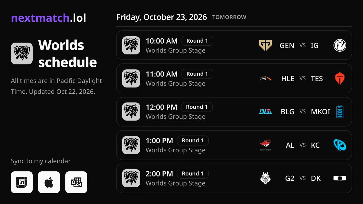 StriftCodes's tweet photo. @Caedrel chat I built an app to sync worlds matches to your calendar (it handles time zones) https://t.co/oJJgOXKL1z