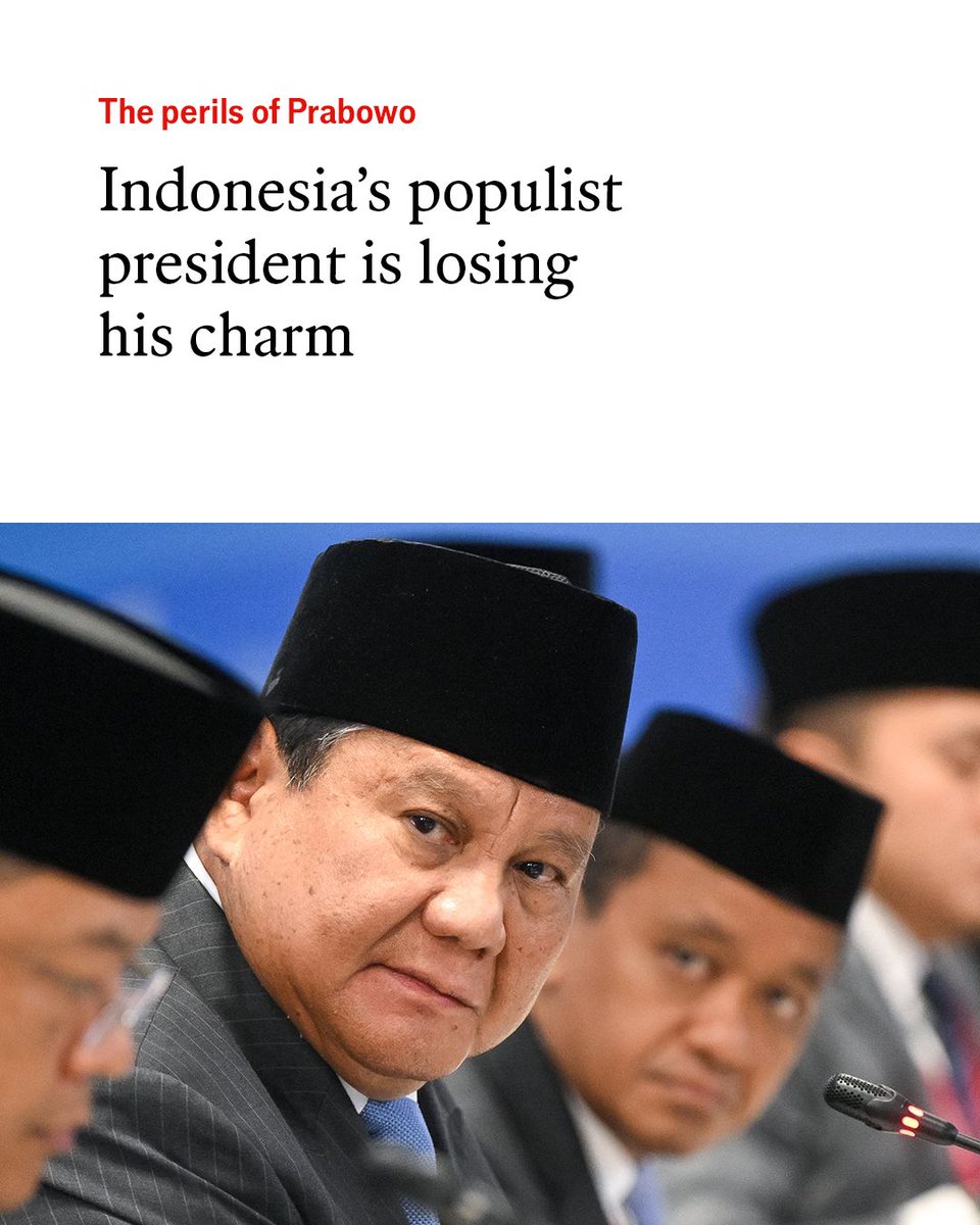 TheEconomist's tweet photo. Prabowo Subianto has done little to cure his country’s underlying economic maladies. For Indonesia to hit its stride, he must recognise that his populist approach has run out of road https://t.co/WMr3GhoJzV

Photo: Getty Images https://t.co/SM5V16fa4n