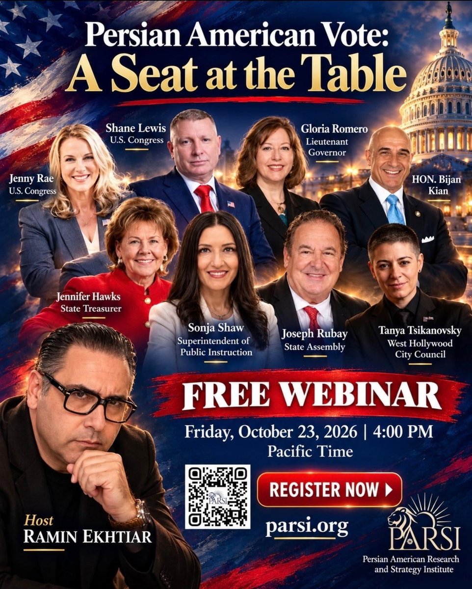 raminrealtalk's tweet photo. TOMORROW. 4 PM Pacific. FREE.

7 candidates. One question: are you with the Iranian people — yes or no?

Persian American Vote: A Seat at the Table
Register in 30 seconds → https://t.co/2Revf7ymR6

@PARSIfoundation @Najibnaik @JennyRaeCA
#PersianAmerican #IranianAmerican #Vote 🦁☀️