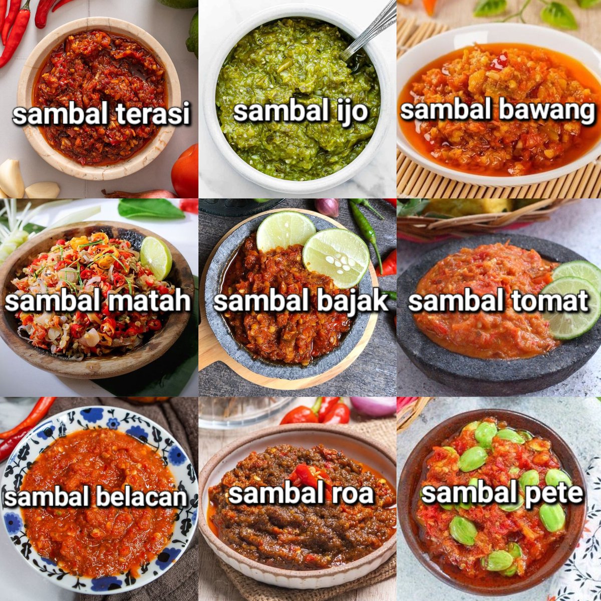 piscesgirle's tweet photo. dari 9 macam sambal ini, mana yang paling kamu suka? https://t.co/YOlJQm7F7S