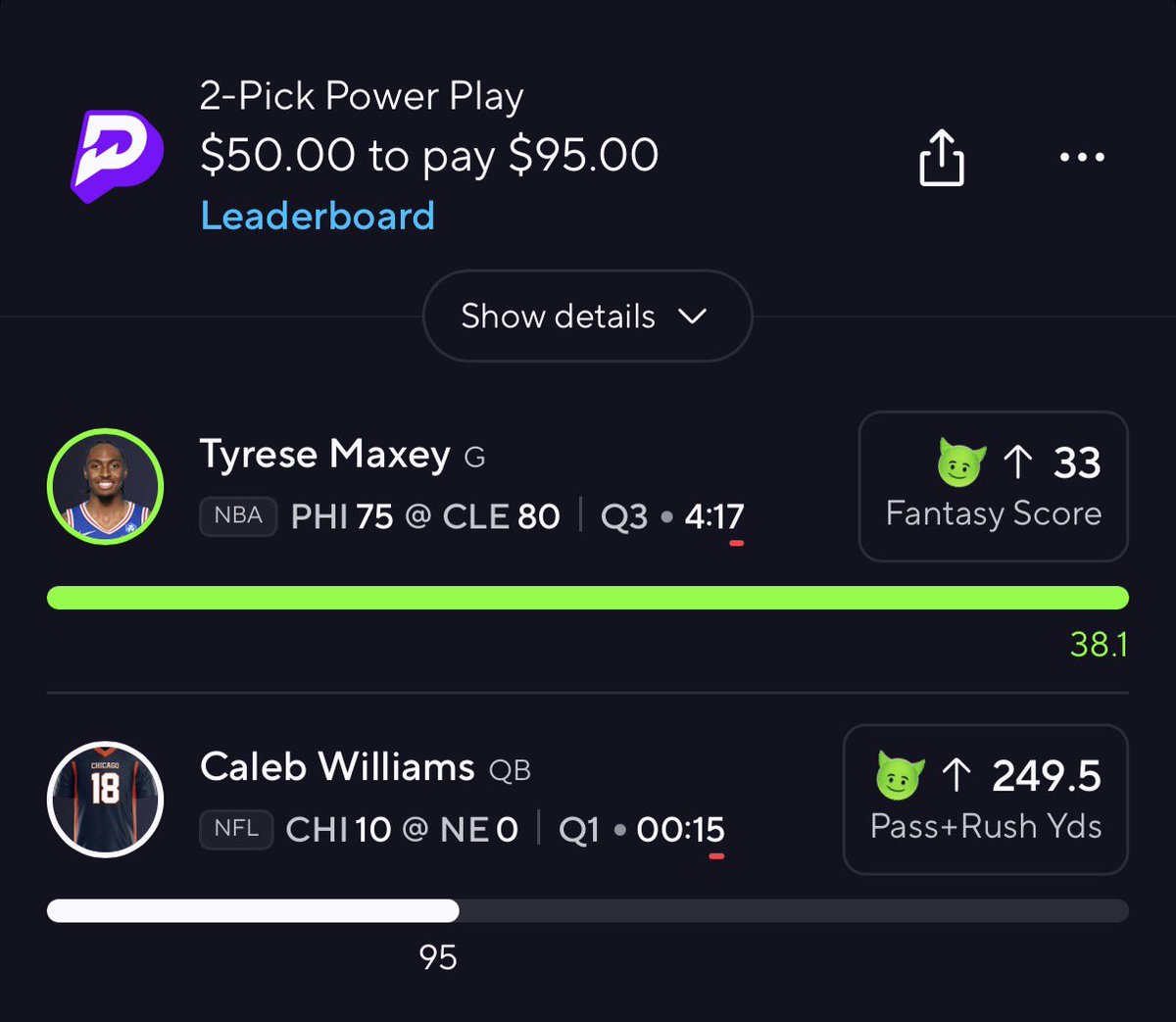 DreamPicksVIP's tweet photo. GIVE MAXEY THE MVP AWARD 🏆
WHAT A PLAYER &amp; GAME‼️

1st Ladder Leg Cashed Already ✅
Day 1 $25 -> $50✅
Day 2 $50 -> $95⏳
….
Day 5 $400 -> $800
Day 6 $800 -> $1,600.00 https://t.co/kqnEv53sHp