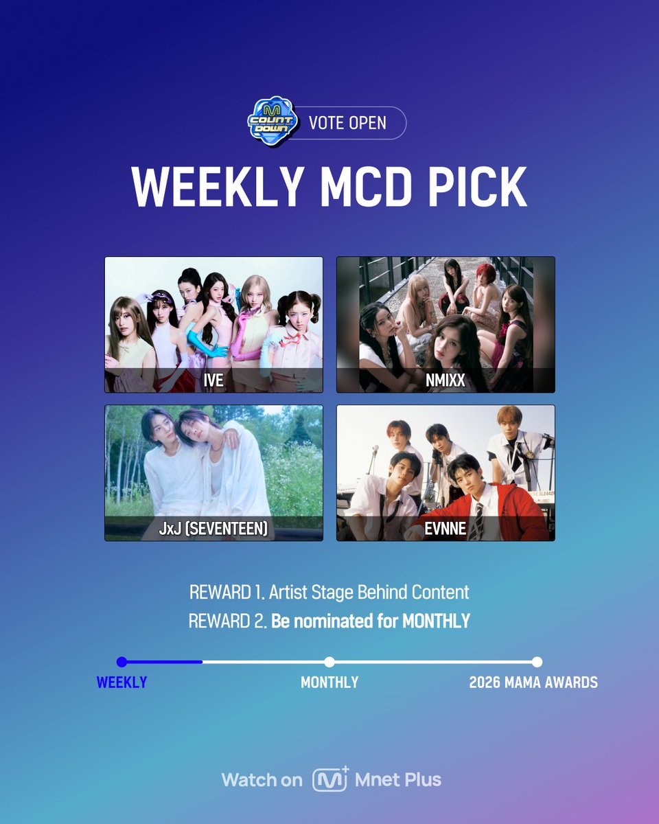 mnetplus's tweet photo. [#엠카운트다운] EP.950 𝐖𝐄𝐄𝐊𝐋𝐘 𝐌𝐂𝐃 𝐏𝐈𝐂𝐊 𝐒𝐓𝐀𝐆𝐄 𝐎𝐏𝐄𝐍📌

[투표 후보]
✔️IVE
✔️NMIXX
✔️정한X조슈아 (SEVENTEEN) / JxJ (SEVENTEEN)
✔️EVNNE (이븐) / EVNNE

👑이번 주 엠카 최고의 무대를 선택해 주세요!
투표는 인당 5회🖐️까지 + 영상은 무제한♾️ 집계됩니다🔥
👉https://t.co/aeyxgXuNNj

매주 1위 아티스트 𝐑𝐄𝐖𝐀𝐑𝐃🏆
1️⃣엠카 무대 비하인드 영상✨ 엠넷플러스 단독 공개
2️⃣최종 ❛먼슬리 엠카𝐏𝐈𝐂𝐊 스테이지 후보❜로 선정

📅 ~2026.10.26 (월) 11:59AM

📌1위 산정 기준:
𝐌𝐧𝐞𝐭 𝐏𝐥𝐮𝐬 영상 조회수📽️ + 득표수🗳️ 합산
※ 2026 MAMA AWARDS 후보 자격은 2026년 1월 먼슬리 엠카픽 위너부터 반영됩니다.

=

👑Vote for this week's best MCD stage!
🖐️Up to 5 votes per person + ♾️unlimited video views counted🔥
👉https://t.co/aeyxgXuNNj

The No.1 artist 𝐑𝐄𝐖𝐀𝐑𝐃🏆
1️⃣MCD exclusive behind-the-scenes video✨ of their stage on Mnet Plus
2️⃣be nominated for ❛𝐌𝐎𝐍𝐓𝐇𝐋𝐘 𝐌𝐂𝐃 𝐏𝐈𝐂𝐊 𝐒𝐓𝐀𝐆𝐄❜

📅 Until October 26, 2026 (Mon) 11:59AM (KST)

📌Winner selection criteria
Mnet Plus video views📽️ + votes🗳️
※ Eligibility for a 2026 MAMA AWARDS nomination will reflect MONTHLY MCD PICK winners starting from January 2026.

#VotePlayLove #All_of_KPOP
#MnetPlus #엠넷플러스
#MCOUNTDOWN
#위클리엠카PICK #WEEKLY_MCDPICK
#IVE #아이브 #NMIXX #엔믹스 #JxJ #정한X조슈아 #EVNNE #이븐