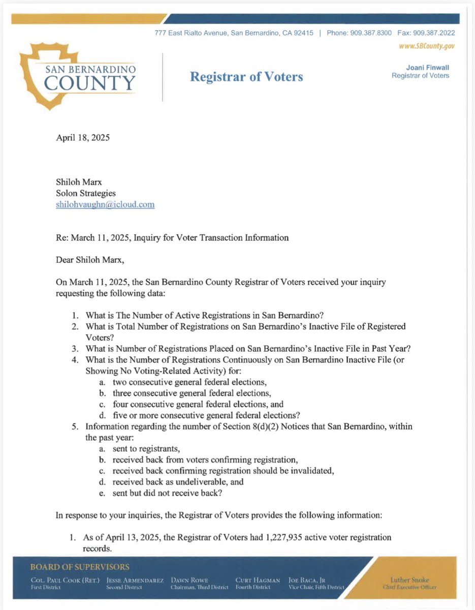 Shilohmarx's tweet photo. San Bernardino County will keep 218,000 ineligible voters on the voter roll until after the 2026 general election. 

They stated notice of removal letters “inadvertently”did not include the required language.

This “oversight” led to registrations remaining on the voter roll. https://t.co/wAiPepSIOF