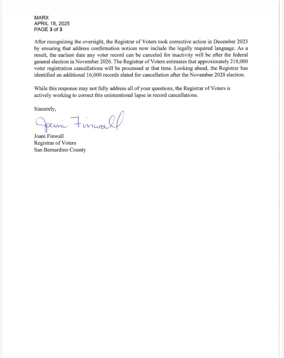 Shilohmarx's tweet photo. San Bernardino County will keep 218,000 ineligible voters on the voter roll until after the 2026 general election. 

They stated notice of removal letters “inadvertently”did not include the required language.

This “oversight” led to registrations remaining on the voter roll. https://t.co/wAiPepSIOF