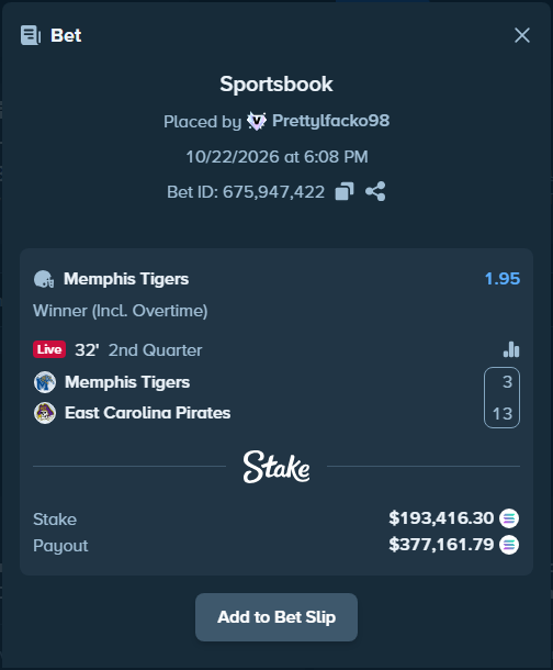 OnlyHighRoll's tweet photo. Prettylfacko98 just posted Single Bet 

🏈 Memphis Tigers - East Carolina Pirates
💸 Stake: $193,416.30
✖️ Odds: 1.95
🏆 Est. Payout: $377,161.79
👀 Track here: https://t.co/kHtU8lmPIW https://t.co/oTUnCzuMqK