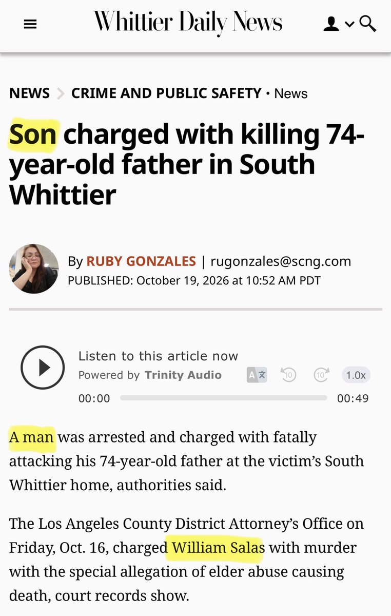 MrAndyNgo's tweet photo. More trans parricide? Media is reporting that a Los Angeles “man” had brutally beaten “his” elderly father, pictured below, to death at a home in South Whittier. 

But on Oct. 13, Saul Salas, 74, wasn’t killed by his son. The suspect who was arrested is his daughter, a woman who identifies as trans and uses the name “William.”

A family friend contacted me after being fed up about the cover-up in the press. 

As I reported in my new book, The Zizians, there is a growing new phenomenon of trans people, both male and female, killing their parents. They often justify their violence through accusations of “transphobia.”
https://t.co/ob7bSGrwM6