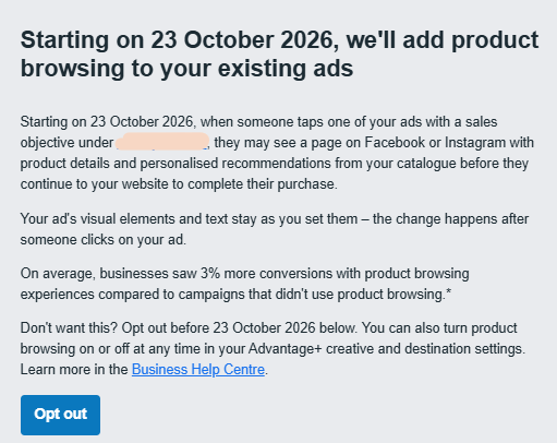 KanishDigital's tweet photo. Big change coming to Meta 

If you see a drop in link clicks to landing page views %, then this might be the reason

Meta will introduce a product-browsing step in between that shows products from your catalog when they click on ad before loading the website

We are considering to opt-out across brands until full clarity is there