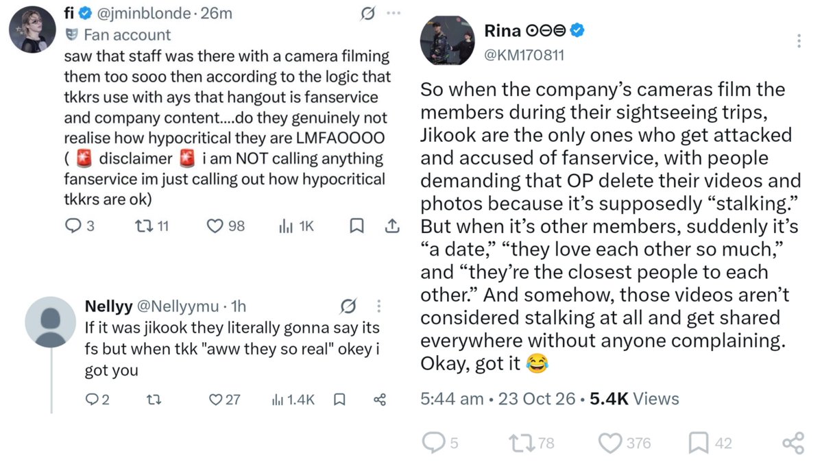 jjkofvante's tweet photo. Comparing taekook's outing with few staff,probably recording a vlog like all members do,
TO Disney's paid franchise show with series,episodes,big crew &amp; film set, to justify a ship that never hangs out off-cam is funny.
TK had 100s of outings without staff, we never saw pics of. https://t.co/jHPkxqII0X