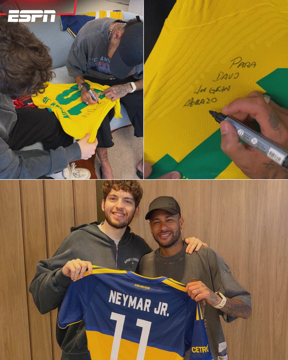 ESPNmx's tweet photo. ¡CUMPLIÓ EL SUEÑO DE TODOS! 🤩🔥

🤙 Davo Xeneize conoció a Neymar Jr, e incluso se llevó la firma del crack brasileño. 

El streamer le regaló una playera de Boca Jrs con el nombre de Ney. 😮‍💨 https://t.co/IOORSBEQuF