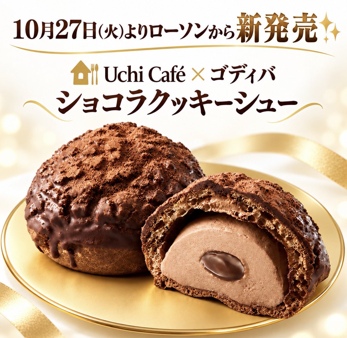 sweetroad5's tweet photo. １０月２７日(火)よりローソンから、ココアコーティングチョコをかけたココア風味のシュー生地に生チョコクリームとビターな味わいのとろ～りとした生チョコソースを注入した「Uchi Café×ゴディバ　ショコラクッキーシュー」が新発売されます✨
https://t.co/tZqsEa0x4K https://t.co/vXu7c9DScW