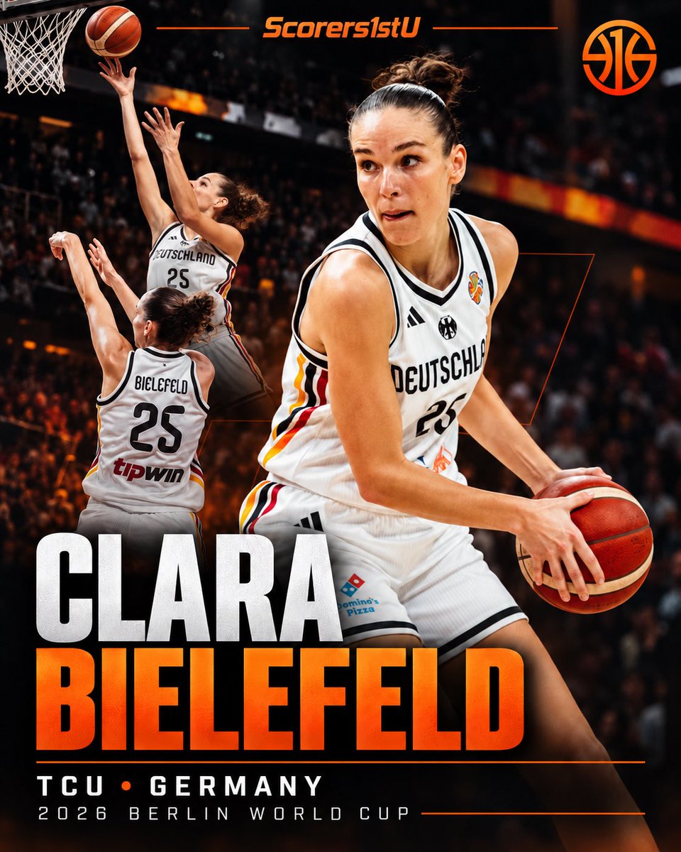 Scorers1stU's tweet photo. Representing Germany on the world stage 🇩🇪🏀

@Scorers1stU athlete Clara Bielefeld (@TCUWBB) competed for Germany at the 2026 World Cup in Berlin.

🎥 Watch her World Cup highlights:
https://t.co/O1QEkJfzzK https://t.co/pqjGTZnrQ7