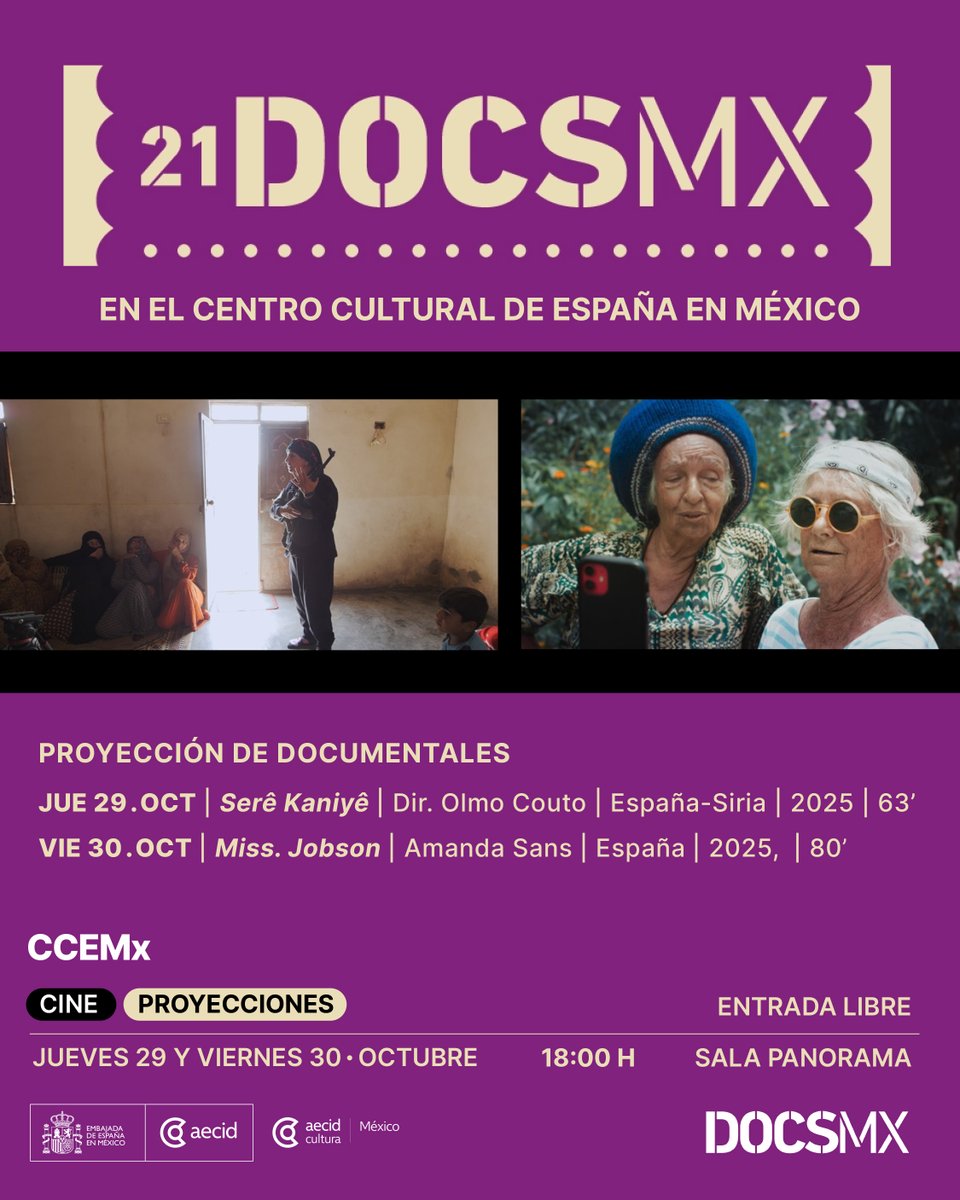 ccemx's tweet photo. 🎬 En el marco de 𝐃𝐨𝐜𝐬𝐌𝐱 𝟐𝟎𝟐𝟔, el CCEMx presenta una programación que reúne dos proyecciones de documentales españoles con la presencia de sus directores.

📅 Jueves 29 de octubre | 18:00 h
Serê Kaniyê, de Olmo Couto
A través de la vida cotidiana de tres mujeres kurdas en el Kurdistán sirio, la película se acerca a las experiencias de guerra, exilio y pérdida, así como a las redes de cuidado y autonomía que sostienen sus vidas. Un retrato de la resistencia y los vínculos comunitarios en un territorio marcado por la violencia.

📅 Viernes 30 de octubre | 18:00 h
Miss. Jobson, de Amanda Sans
Un retrato de Diane Jobson, figura del movimiento rastafari en Jamaica, amiga y abogada de Bob Marley. A sus más de 80 años, la película acompaña a Jobson en una reflexión sobre el paso del tiempo, su legado y su trayectoria en la defensa de personas en situación de vulnerabilidad.

📍 CCEMx | República de Guatemala 18, Centro Histórico, CDMX
🎟️ Entrada libre | Cupo limitado
🔗 https://t.co/ZpSrev0Mlx

@DocsMX