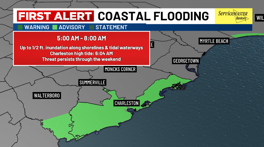SamRobertsWX's tweet photo. NEW: Early-morning Coastal Flood Advisory for Charleston County and coastal Colleton County from 5:00 AM - 8:00 AM. Coastal flooding is possible a few hours before and a few hours after high tide. Up to 1/2 ft. saltwater inundation is possible. #scwx @live5news https://t.co/CNKn4LEbdz