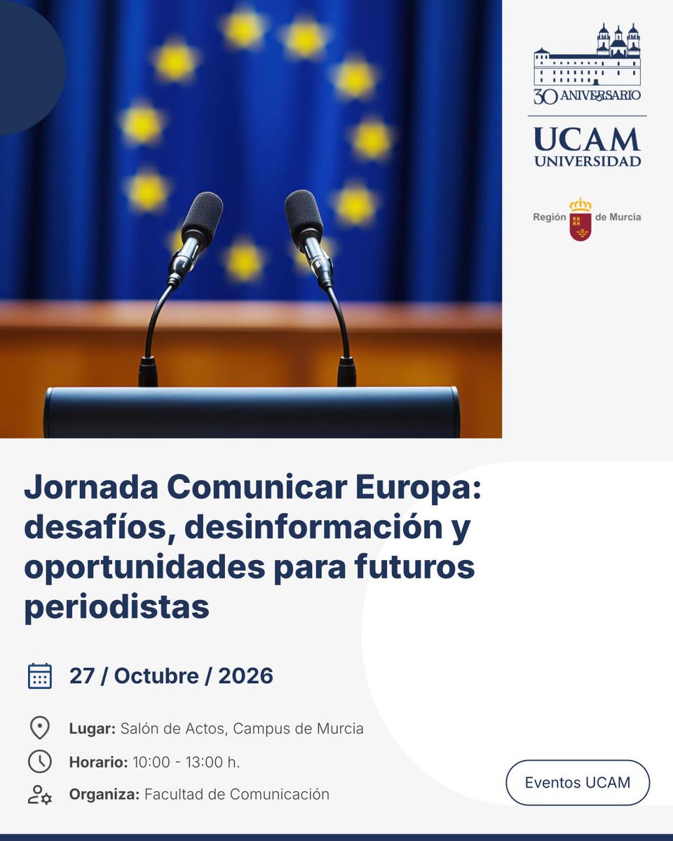 UCAM's tweet photo. 📢 La UCAM acoge el 27 de octubre la jornada «Comunicar Europa: desafíos, desinformación y oportunidades para los futuros profesionales», centrada en los grandes retos actuales de la comunicación europea.

📰 Fake news, Inteligencia Artificial, comunicación institucional, periodismo internacional y oportunidades profesionales en la UE serán algunos de los temas del encuentro.

👥 Participarán, entre otros, Pablo Pérez Armenteros, de la Oficina de Propiedad Intelectual de la Unión Europea (EUIPO), y Karim Hallal, divulgador de El Viejo Continente.

📅 27 de octubre
📍 Salón de Actos. Campus de Murcia
⏰ 10:00-13:00 h.

ℹ️ https://t.co/BRbFvK9dTz