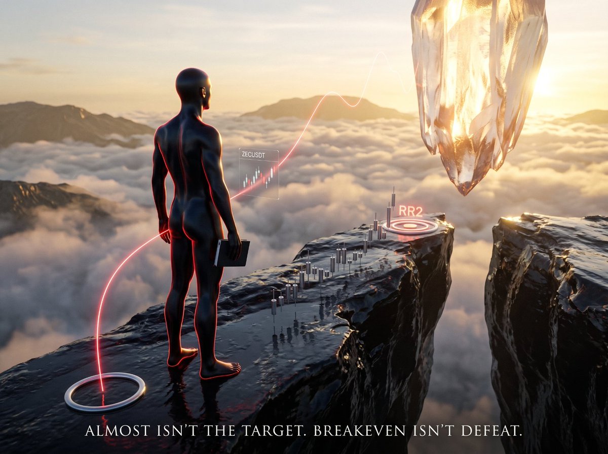 MRII30R's tweet photo. Good morning. 🌅

ZECUSDT came painfully close to RR2, then ended at breakeven.

Not the outcome I wanted, but the trade is closed. No chasing what almost happened. just review, reset, and wait for the next setup.

Still in the game. 🔴 https://t.co/Mhq75m0cfN