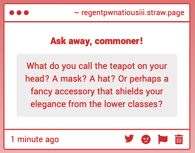 Noble_Pwnatious's tweet photo. I said that I would go to bed, however, I simply MUST answer this beforehand! The teapot that I wear is a family heirloom, passed down for generations of the Pwnatious family. It would technically be considered a hat, though your final guess would be the most accurate! 🤣🥂✨ https://t.co/XyRW4Cd6yk