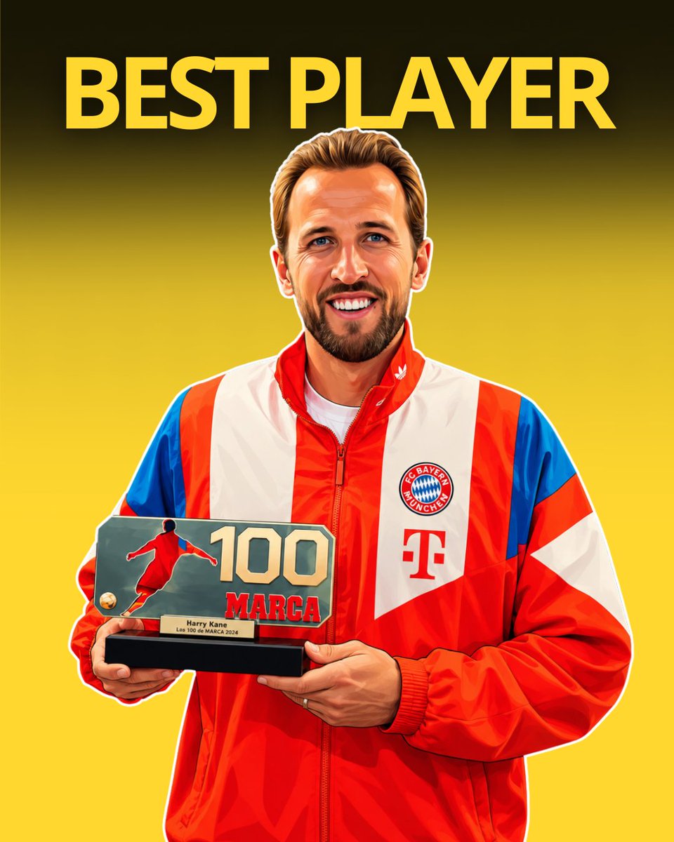 DeadlineDayLive's tweet photo. 🚨 𝗢𝗙𝗙𝗜𝗖𝗜𝗔𝗟: Harry Kane has been voted the Player of the Season by MARCA. 🏆

🥇 Harry Kane 
🥈 Lamine Yamal 
🥉 Kylian Mbappé

A total of 226 journalists, media representatives, coaches and former players from around the world voted for the award. 👀🏆 https://t.co/dwZXTko6Vc