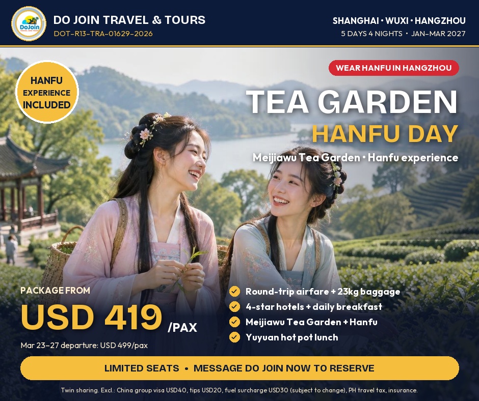 bru67434833's tweet photo. China promo: Shanghai + Mini Kyoto from USD 419 per person, airfare included. Experience Nianhua Bay, The Bund, West Lake cruise, tea garden, Hanfu and Shanghai shopping. Limited seats available. Message Do Join Travel &amp; Tours to reserve. https://t.co/s61fVTZVd0